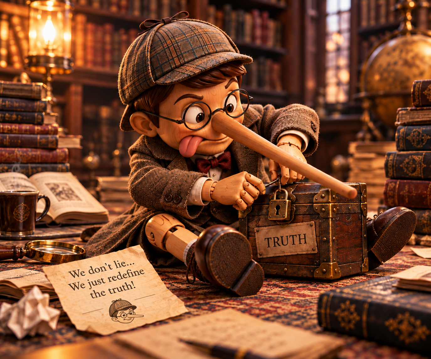 Pinocchio attempting to unlock a chest labeled TRUTH in a warm vintage library.